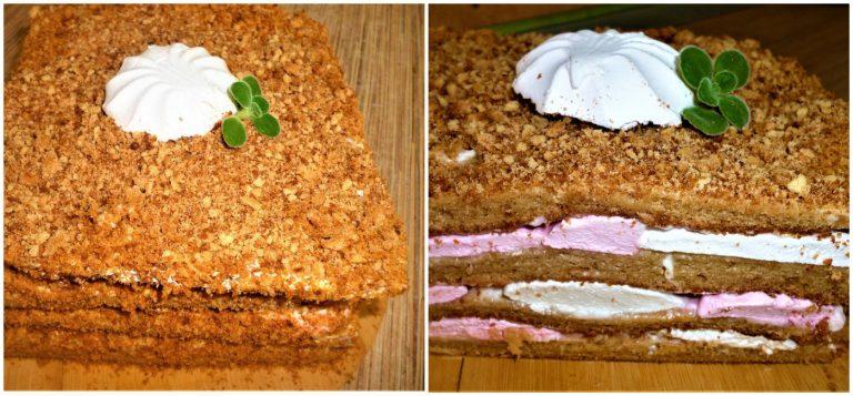 медовик з наливними коржами і прошарком з зефіру