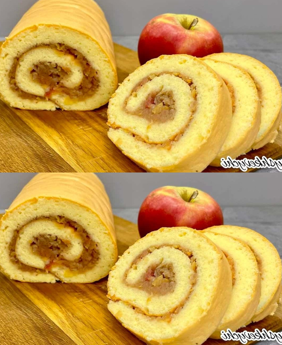 Бісквітний рулет з яблуками: випікається разом з начинкою. Ідеальний рецепт, коли треба на вже – ніжний, смачний, спробуйте