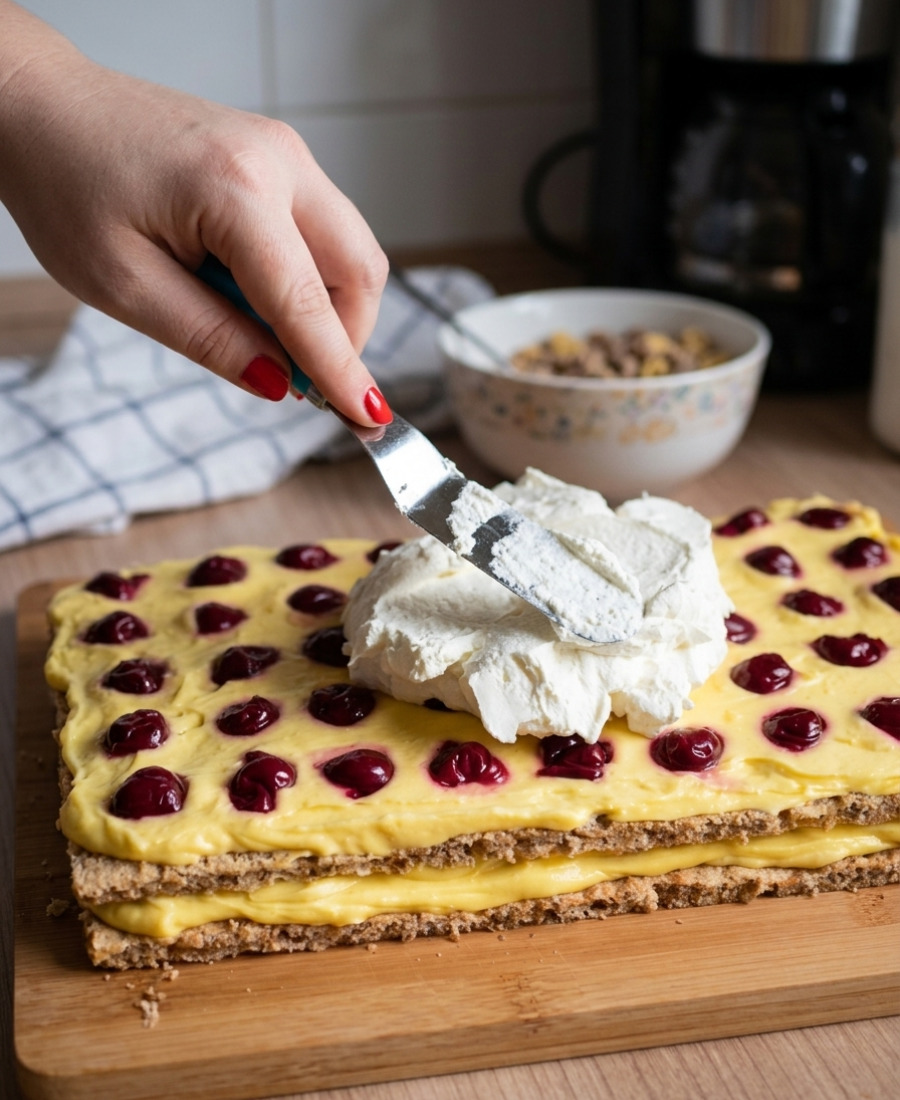 Неймовірно ніжний пляцок “Анна”: дуже вдале поєднання інгредієнтів – вишня, горіхові коржі і 2 види крему – смакота, яку варто спробувати