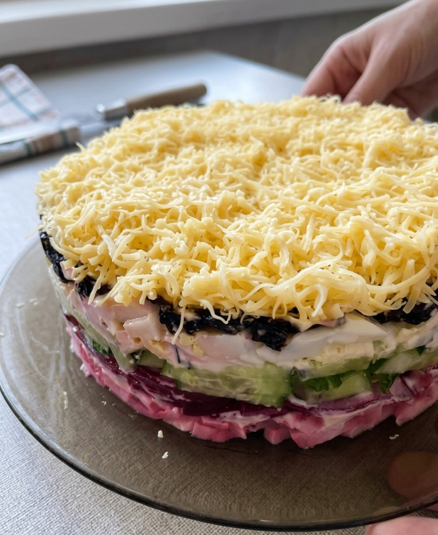 Салат з шинкою, огірками та чорносливом: спробувала на дні народження подруги і дуже сподобався, ділюсь з Вами – смачно та красиво